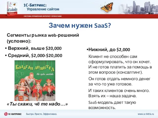 Зачем нужен SaaS? Сегменты рынка web-решений (условно): Верхний, выше $20,000 Средний, $2,000-$20,000