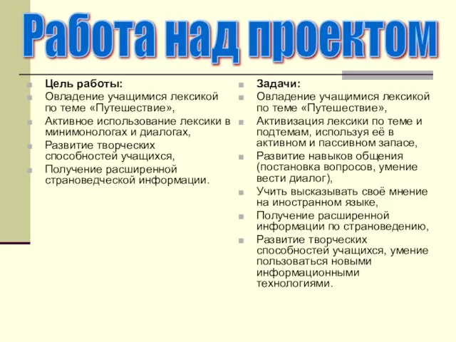 Цель работы: Овладение учащимися лексикой по теме «Путешествие», Активное использование лексики в