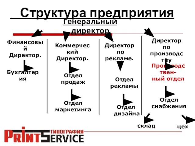 Структура предприятия Генеральный директор Финансовый Директор. Коммерческий Директор. Директор по рекламе. Директор