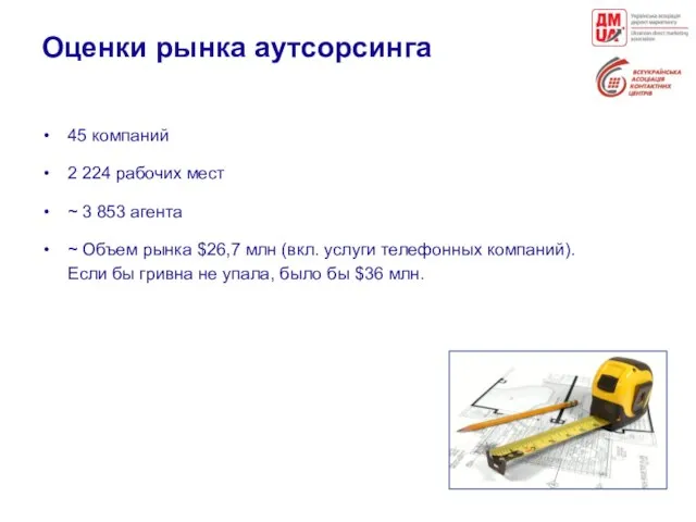 Оценки рынка аутсорсинга 45 компаний 2 224 рабочих мест ~ 3 853