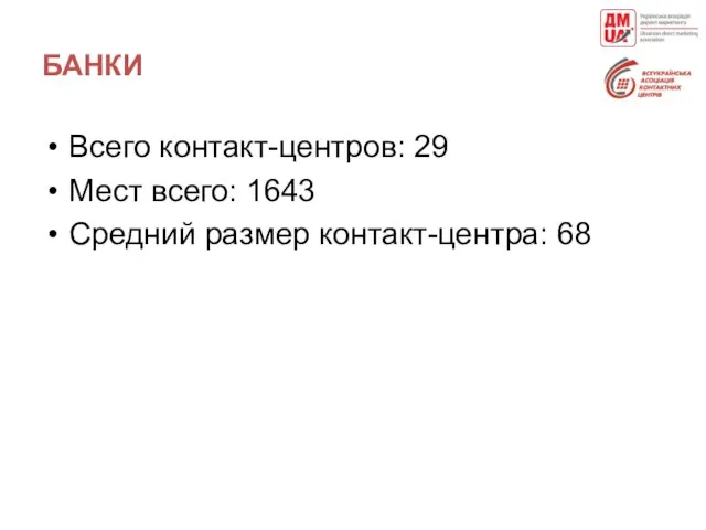 БАНКИ Всего контакт-центров: 29 Мест всего: 1643 Средний размер контакт-центра: 68