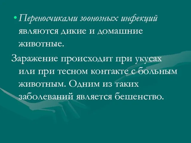 Переносчиками зоонозных инфекций являются дикие и домашние животные. Заражение происходит при укусах