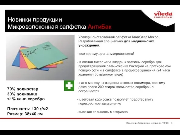 Новинки продукции Микроволоконная салфетка АнтиБак 70% полиэстер 30% полиамид Плотность: 130 г/м2