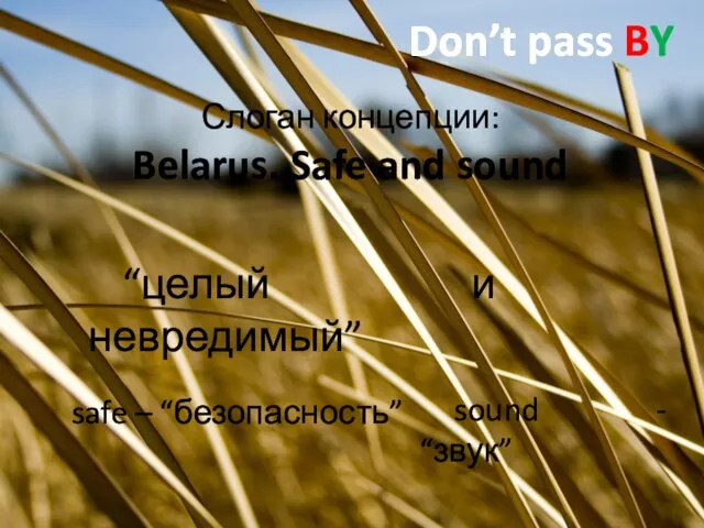 Слоган концепции: Belarus. Safe and sound Don’t pass BY safe – “безопасность”