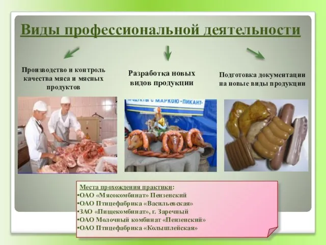 Места прохождения практики: ОАО «Мясокомбинат» Пензенский ОАО Птицефабрика «Васильевская» ЗАО «Пищекомбинат», г.