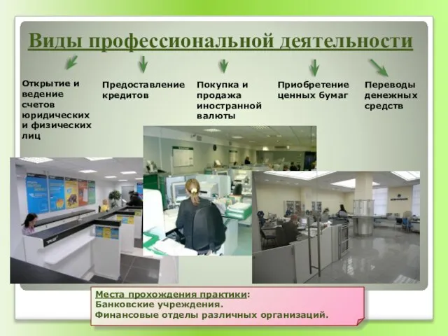 Места прохождения практики: Банковские учреждения. Финансовые отделы различных организаций. Открытие и ведение