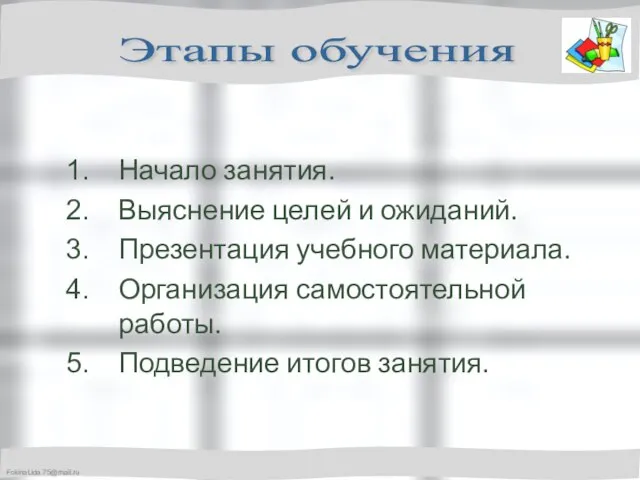 Начало занятия. Выяснение целей и ожиданий. Презентация учебного материала. Организация самостоятельной работы.