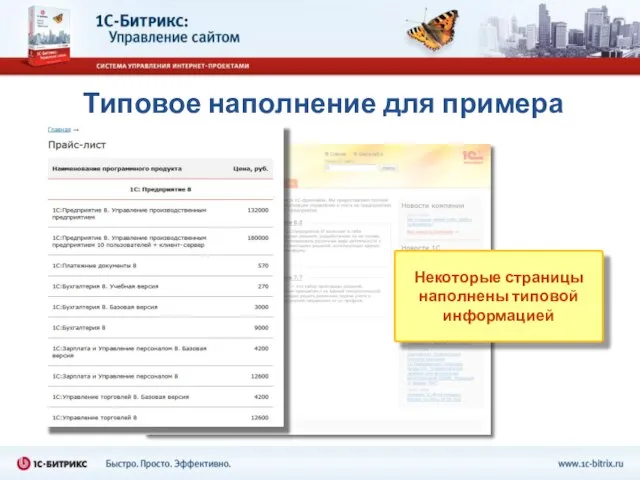 Типовое наполнение для примера Некоторые страницы наполнены типовой информацией