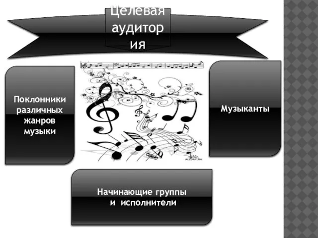 Поклонники различных жанров музыки Музыканты Начинающие группы и исполнители Целевая аудитория