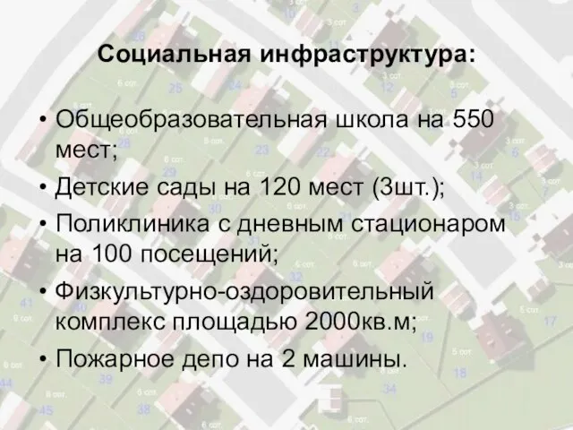 Социальная инфраструктура: Общеобразовательная школа на 550 мест; Детские сады на 120 мест