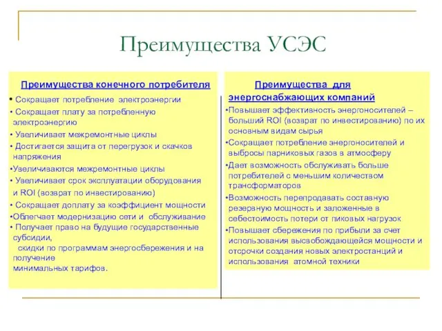 Преимущества УСЭС Преимущества конечного потребителя Сокращает потребление электроэнергии Сокращает плату за потребленную