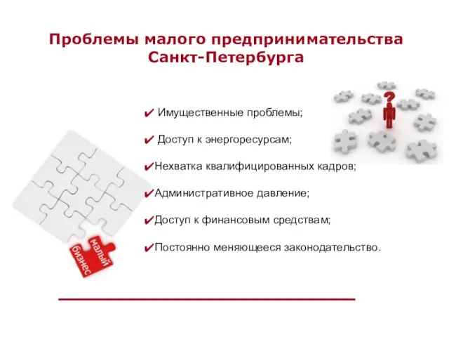 Проблемы малого предпринимательства Санкт-Петербурга Имущественные проблемы; Доступ к энергоресурсам; Нехватка квалифицированных кадров;