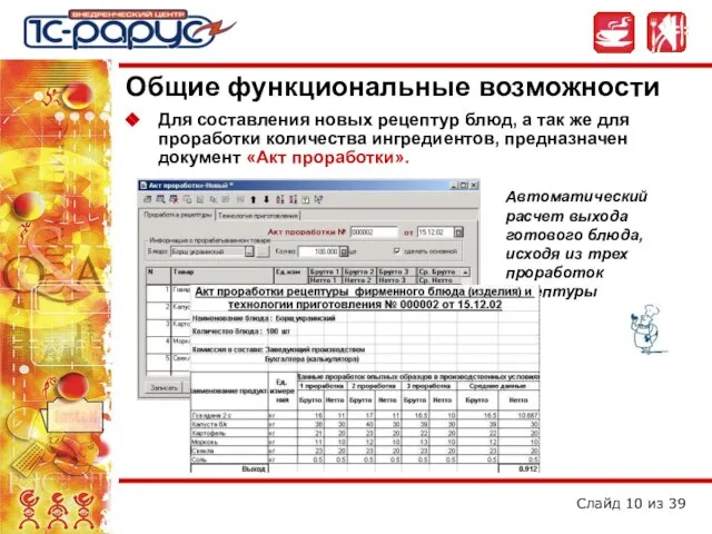 Общие функциональные возможности Для составления новых рецептур блюд, а так же для