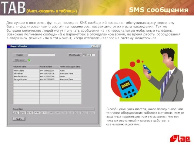 SMS сообщения Для лучшего контроля, функция передачи SMS сообщений позволяет обслуживающему персоналу