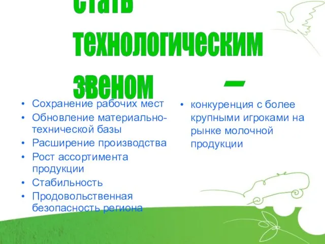 Сохранение рабочих мест Обновление материально-технической базы Расширение производства Рост ассортимента продукции Стабильность