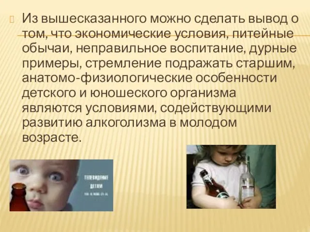 Из вышесказанного можно сделать вывод о том, что экономические условия, питейные обычаи,