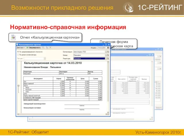 Возможности прикладного решения Нормативно-справочная информация 1С-Рейтинг: Общепит Усть-Каменогорск 2010г. 1С-РЕЙТИНГ Печатная форма Технологическая карта