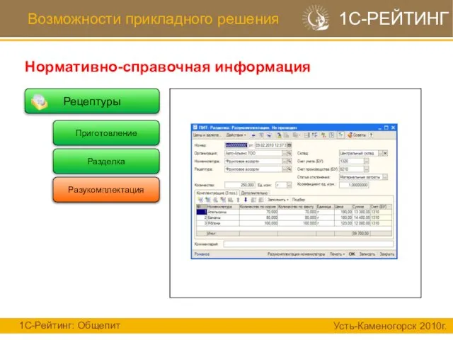 Рецептуры Возможности прикладного решения Нормативно-справочная информация 1С-Рейтинг: Общепит Усть-Каменогорск 2010г. 1С-РЕЙТИНГ Приготовление Разукомплектация Разделка Разукомплектация