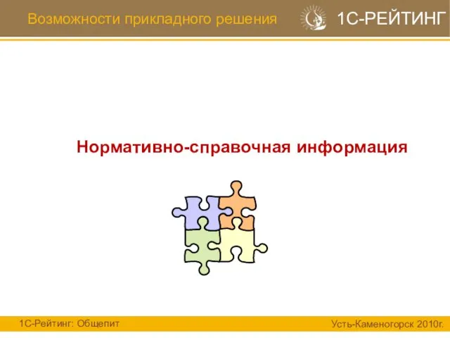 Возможности прикладного решения 1С-Рейтинг: Общепит Усть-Каменогорск 2010г. 1С-РЕЙТИНГ Нормативно-справочная информация