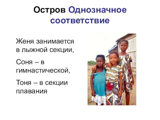 Остров Однозначное соответствие Женя занимается в лыжной секции, Соня – в гимнастической,