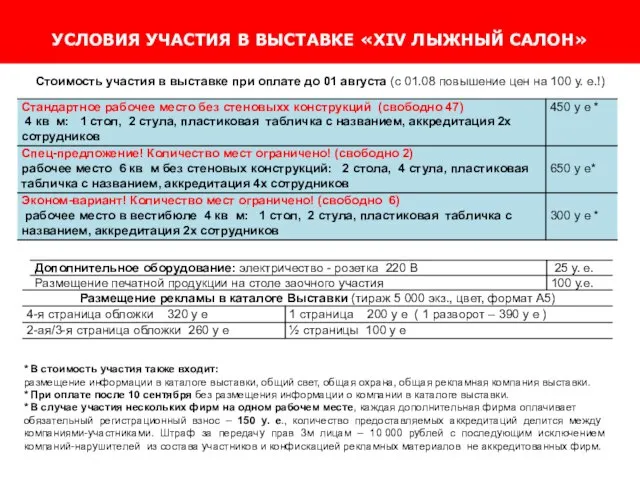 УСЛОВИЯ УЧАСТИЯ В ВЫСТАВКЕ «XIV ЛЫЖНЫЙ САЛОН» Стоимость участия в выставке при