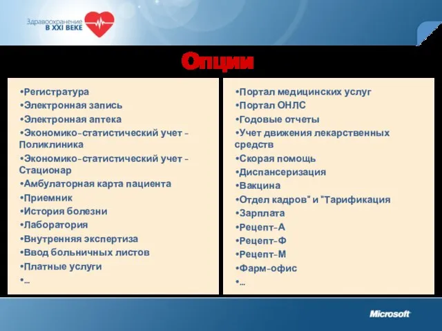 Опции Регистратура Электронная запись Электронная аптека Экономико-статистический учет - Поликлиника Экономико-статистический учет