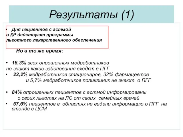 Результаты (1) Для пациентов с астмой в КР действуют программы льготного лекарственного