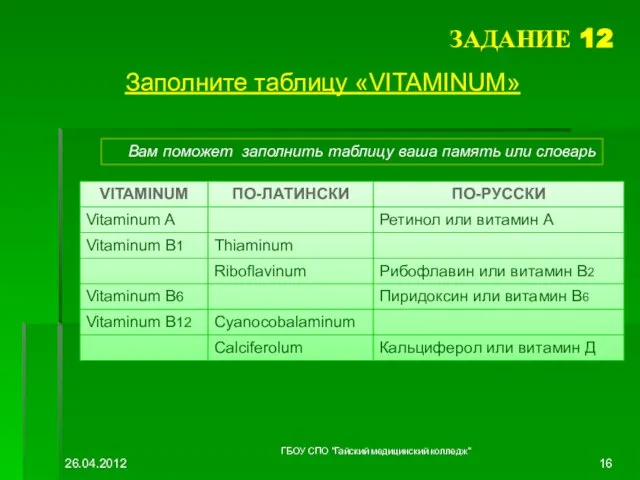 ЗАДАНИЕ 12 Заполните таблицу «VITAMINUM» Вам поможет заполнить таблицу ваша память или