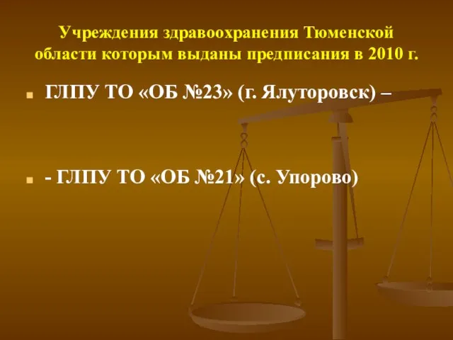 Учреждения здравоохранения Тюменской области которым выданы предписания в 2010 г. ГЛПУ ТО