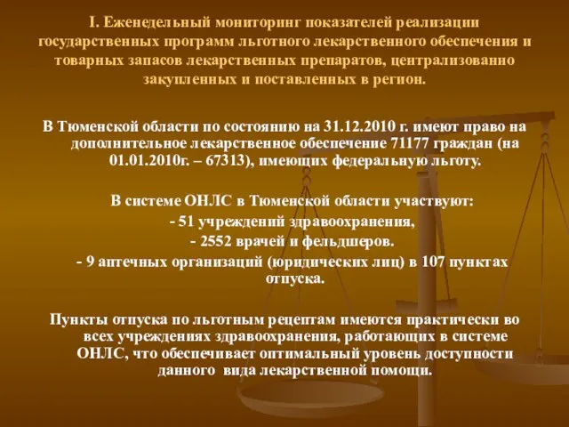 I. Еженедельный мониторинг показателей реализации государственных программ льготного лекарственного обеспечения и товарных