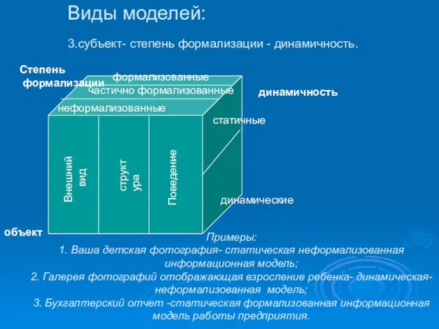 Виды моделей: 3.субъект- степень формализации - динамичность. объект Примеры: 1. Ваша детская