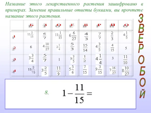 Название этого лекарственного растения зашифровано в примерах. Заменив правильные ответы буквами, вы