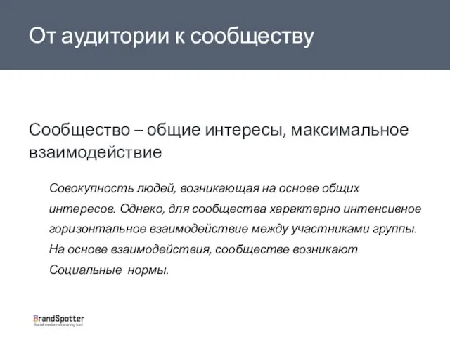 Сообщество – общие интересы, максимальное взаимодействие Совокупность людей, возникающая на основе общих