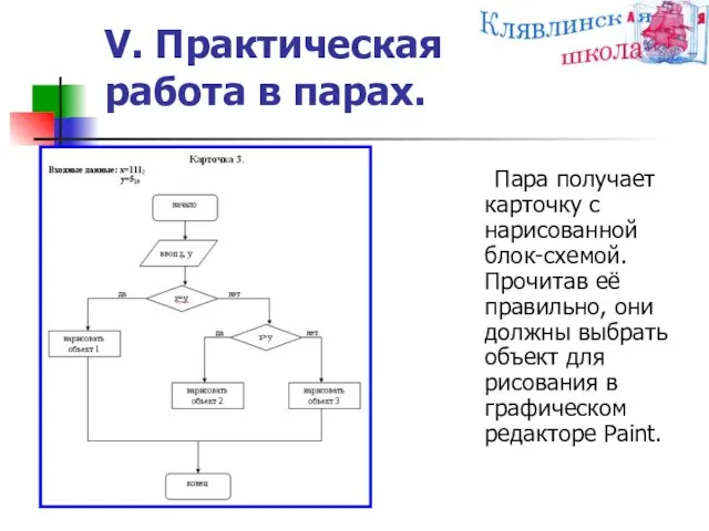 V. Практическая работа в парах. Пара получает карточку с нарисованной блок-схемой. Прочитав