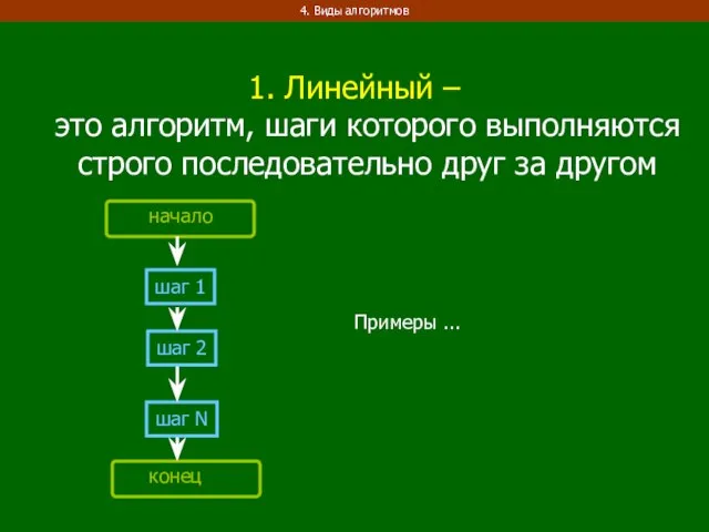 1. Линейный – это алгоритм, шаги которого выполняются строго последовательно друг за