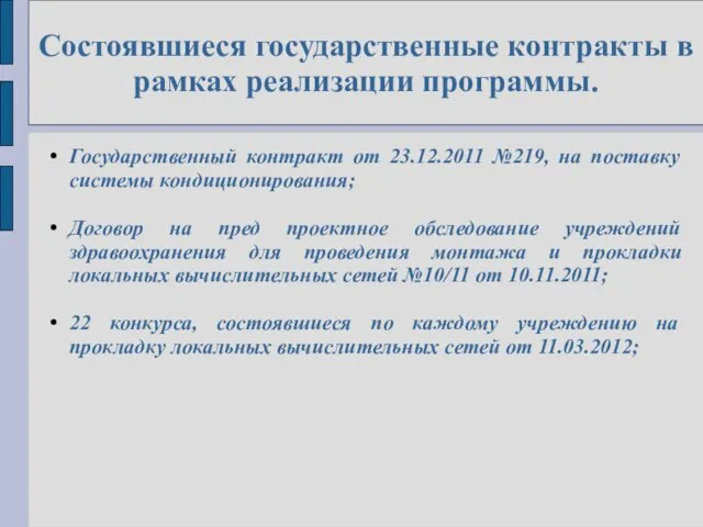 Состоявшиеся государственные контракты в рамках реализации программы. Государственный контракт от 23.12.2011 №219,