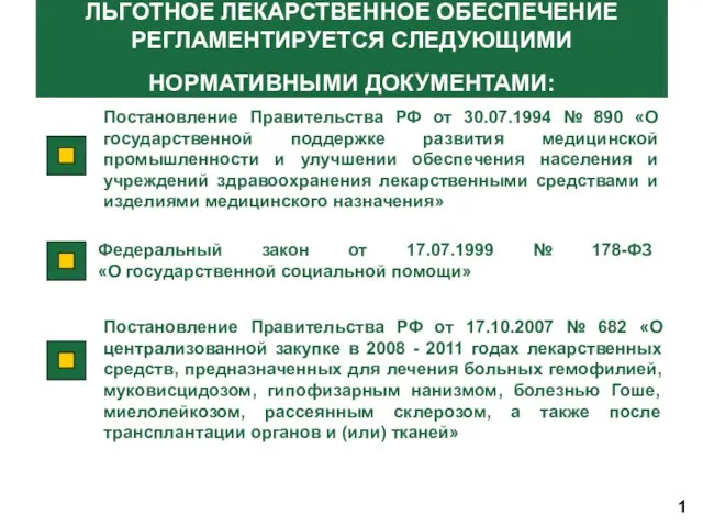 ЛЬГОТНОЕ ЛЕКАРСТВЕННОЕ ОБЕСПЕЧЕНИЕ РЕГЛАМЕНТИРУЕТСЯ СЛЕДУЮЩИМИ НОРМАТИВНЫМИ ДОКУМЕНТАМИ: Постановление Правительства РФ от 30.07.1994