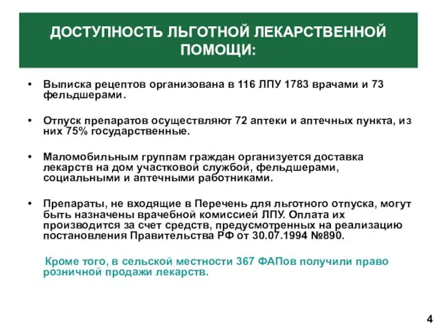 Выписка рецептов организована в 116 ЛПУ 1783 врачами и 73 фельдшерами. Отпуск