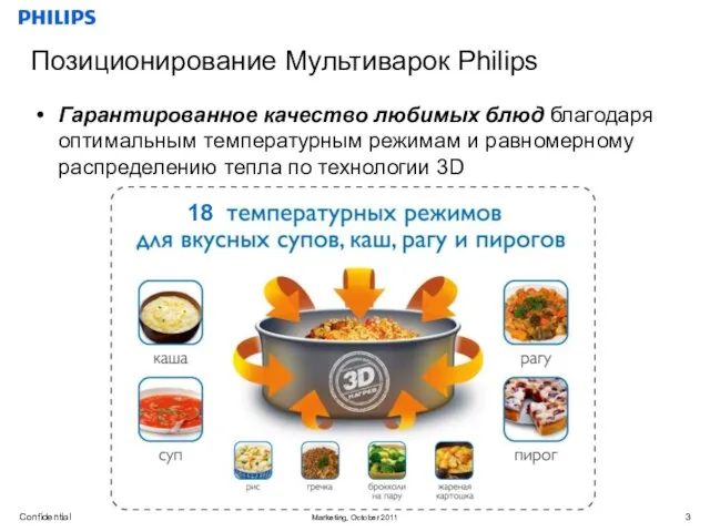 Позиционирование Мультиварок Philips Гарантированное качество любимых блюд благодаря оптимальным температурным режимам и