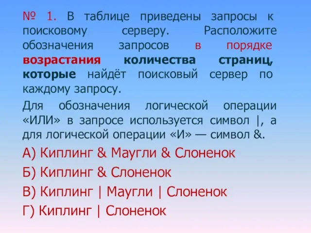 № 1. В таблице приведены запросы к поисковому серверу. Расположите обозначения запросов