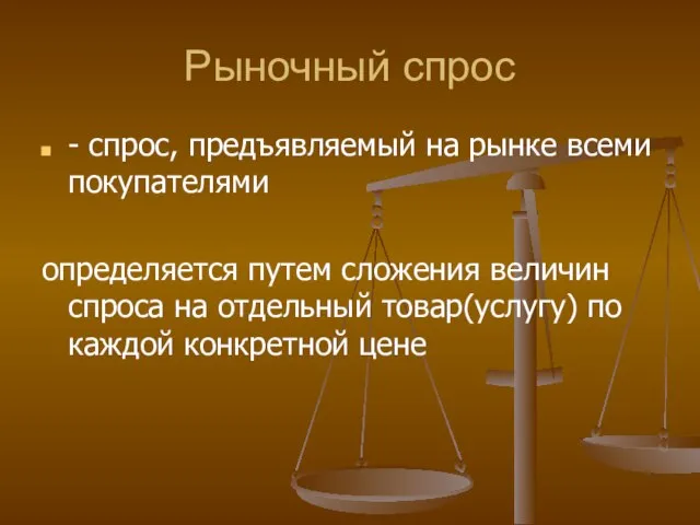 Рыночный спрос - спрос, предъявляемый на рынке всеми покупателями определяется путем сложения