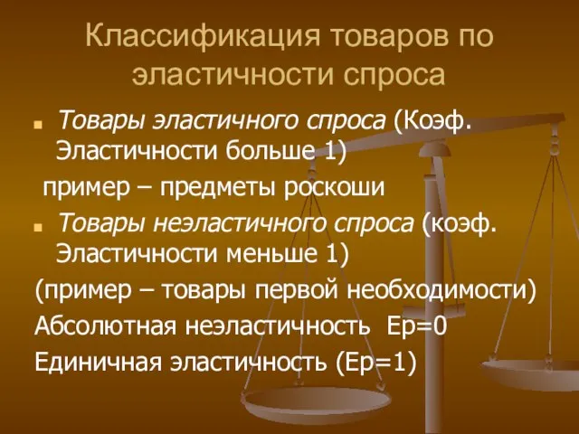 Классификация товаров по эластичности спроса Товары эластичного спроса (Коэф. Эластичности больше 1)