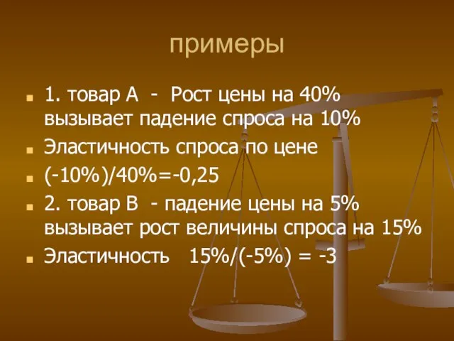 примеры 1. товар А - Рост цены на 40% вызывает падение спроса