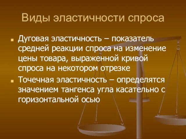 Виды эластичности спроса Дуговая эластичность – показатель средней реакции спроса на изменение