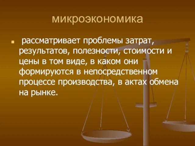 микроэкономика рассматривает проблемы затрат, результатов, полезности, стоимости и цены в том виде,