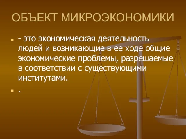 ОБЪЕКТ МИКРОЭКОНОМИКИ - это экономическая деятельность людей и возникающие в ее ходе