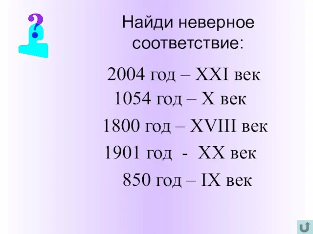 Найди неверное соответствие: 2004 год – XXI век 1054 год – X