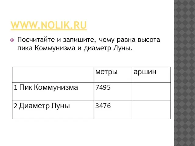 WWW.NOLIK.RU Посчитайте и запишите, чему равна высота пика Коммунизма и диаметр Луны.