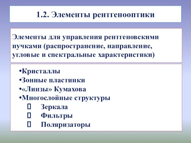 1.2. Элементы рентгенооптики Элементы для управления рентгеновскими пучками (распространение, направление, угловые и