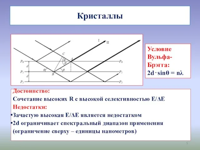 Кристаллы Условие Вульфа-Брэгга: 2d⋅sinθ = nλ Достоинство: Сочетание высоких R с высокой